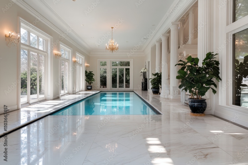 Fototapeta premium A stunning indoor pool area that embodies luxury and tranquility, showcasing beautiful architectural elements and stylish decor for a serene atmosphere.