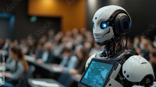 Humanoid robot professor teaching in modern college classroom