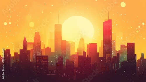 Vibrant city skyline at sunset showcasing a mix of warm and cool tones with a glowing sun and subtle sparkles above the silhouette of skyscrapers