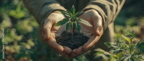 A person cradling a young cannabis seedling in their hands in the daylight, with a flourishing garden in the background, capturing the peaceful connection with nature photo