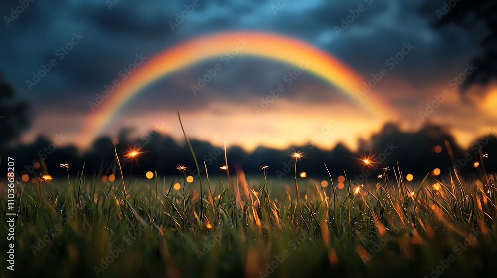 Naklejka premium A vibrant rainbow arcs over a lush green field, illuminated by a dramatic sky at sunset, creating a serene and picturesque landscape.