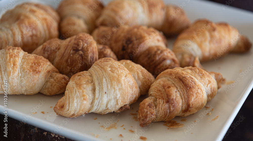 Freshly baked golden-brown mini croissants arranged on a white ceramic plate Freshly baked golden-brown mini croissants arranged on a white ceramic plate