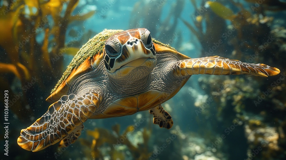 Hawksbill sea turtle swimming in a vibrant coral reef, sunlight illuminating its shell and face.