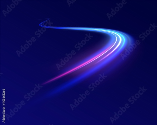 Creative vector illustration of flying cosmic meteor, planetoid, comet, fireball isolated on transparent background. Effect, png, wave,neon,line. Light arc in neon colors, in the form of a turn.  