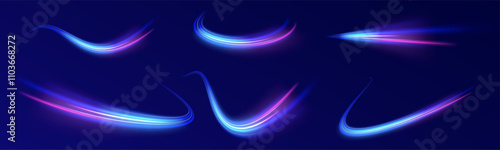 Creative vector illustration of flying cosmic meteor, planetoid, comet, fireball isolated on transparent background. Effect, png, wave,neon,line. Light arc in neon colors, in the form of a turn.  