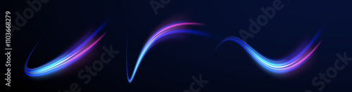 Creative vector illustration of flying cosmic meteor, planetoid, comet, fireball isolated on transparent background. Effect, png, wave,neon,line. Light arc in neon colors, in the form of a turn.  