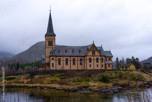 Vagan Church, also called Lofoten Cathedral in the village of Kabelvag, Lofoten islands, Nordland, Norway on a cloudy and rainy autumn day photo