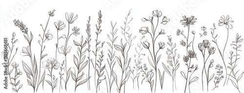 Wallpaper Mural FloralArt, WildflowerDrawing, BotanicalIllustration, LineArt, MinimalistArt, FloralSketch, HandDrawnFlowers, ElegantArt, BotanicalLineArt, BlackAndWhiteArt, NatureIllustration, ArtPrints, FloralDecor, Torontodigital.ca