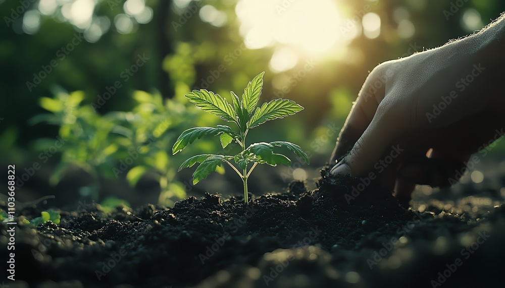 Fototapeta premium A person planting a cannabis seedling into the soil in a sunny garden, with bright light casting shadows and illuminating the young plant s vibrant green leaves