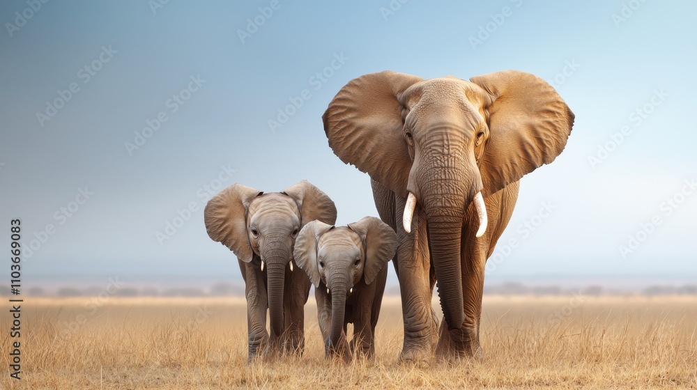 Fototapeta premium Majestic African Elephants Walking Together in Natural Habitat at Dusk