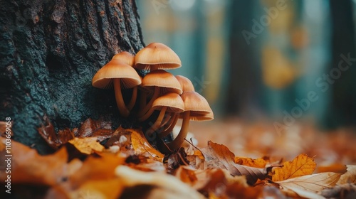 A cluster of small brown mushrooms growing out of the base of a tree trunk with fallen autumn leaves scattered around photo