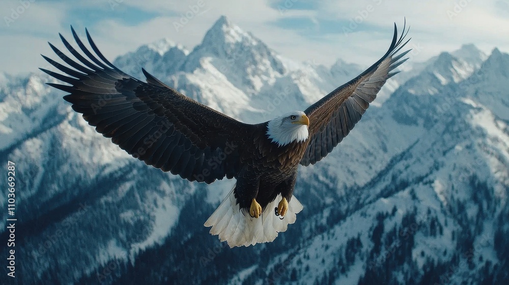 Majestic Bald Eagle Soaring Over Snow-Capped Rocky Mountains in Nature Majestic Bald Eagle Soaring Over Snow-Capped Rocky Mountains in Nature
