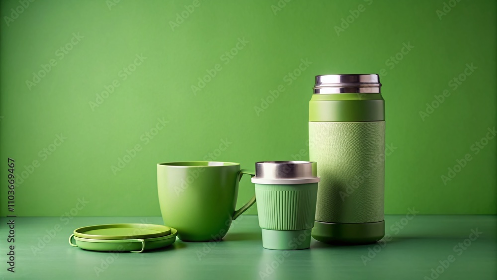 Low Light Photography of a Light Green Reusable Coffee Cup and Thermos Flask on a Green Background - Mockup for Eco-Friendly Lifestyle Ideas and Sustainable Living Low Light Photography of a Light Green Reusable Coffee Cup and Thermos Flask on a Green Background - Mockup for Eco-Friendly Lifestyle Ideas and Sustainable Living