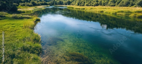 Serene River Landscape: Crystal Clear Waters and Lush Green Banks