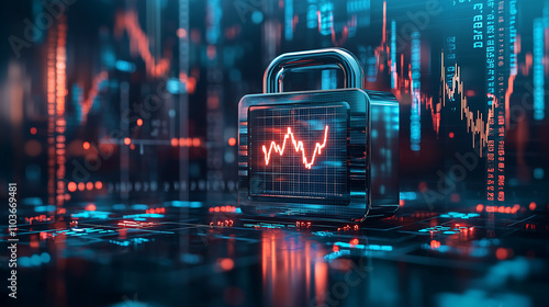 futuristic padlock displays a fluctuating graph on its screen, set against a backdrop of dynamic stock market data It symbolizes digital asset security and risk photo