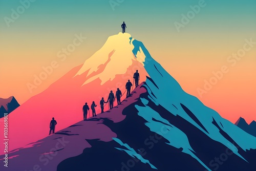 hiking mountain peak leader man standing top sun silhouette view teamwork silhouette group people climbing mountain success  landscrape book cover