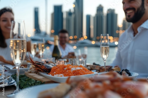 A delightful luxury dining experience featuring an array of gourmet seafood dishes and sparkling drinks, perfect for an elegant evening by the water. photo