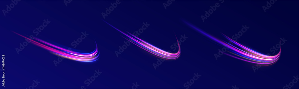 Obraz premium Acceleration speed motion on night road. Colorful Light Trails, Long Time Exposure Motion Blur Effect. Abstract fire flare trace lens flares acceleration speed motion on night road. 