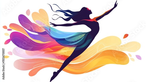 A graceful dancer in mid-pirouette, her silhouette outlined against an abstract background of swirling colors and shapes,Vector illustration with a white background. 