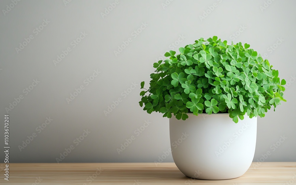 A vibrant green clover plant in a white pot on a minimalist wooden table, softly lit with a light background, creating a calming and serene atmosphere A vibrant green clover plant in a white pot on a minimalist wooden table, softly lit with a light background, creating a calming and serene atmosphere