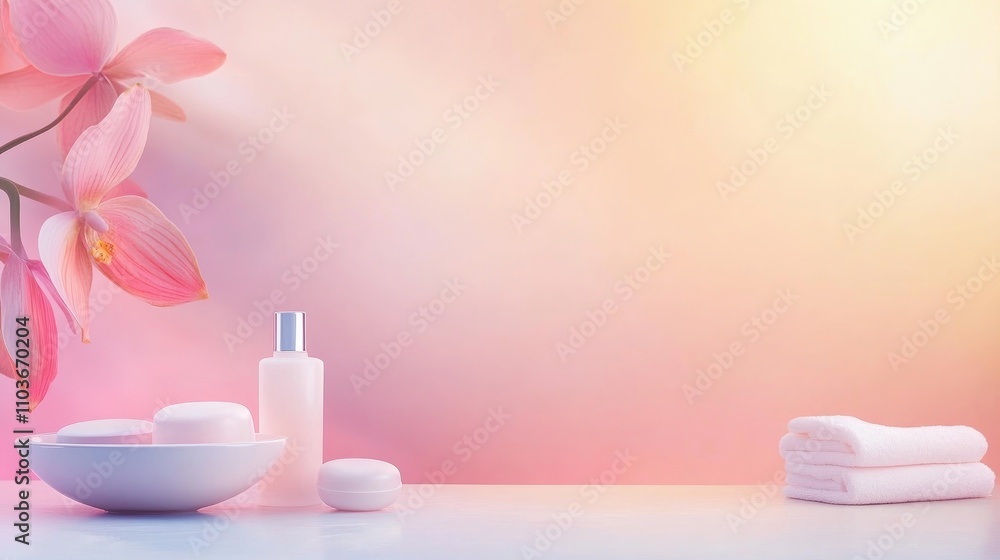 Pastel Gradient Backdrop for Beauty Clinic with Soft Floral Accents and Blank Space for Text, Ideal for Skin and Slimming Therapy Promotions Pastel Gradient Backdrop for Beauty Clinic with Soft Floral Accents and Blank Space for Text, Ideal for Skin and Slimming Therapy Promotions