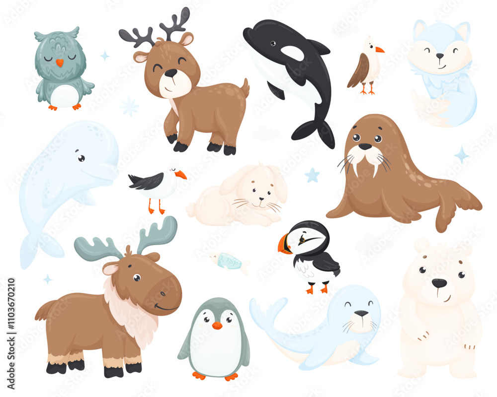 Fototapeta premium Large collection of cute funny wild polar animals and birds. Set of adorable mammals and arctic objects isolated on white background. Fauna of the north. Colorful vector illustration in flat style.