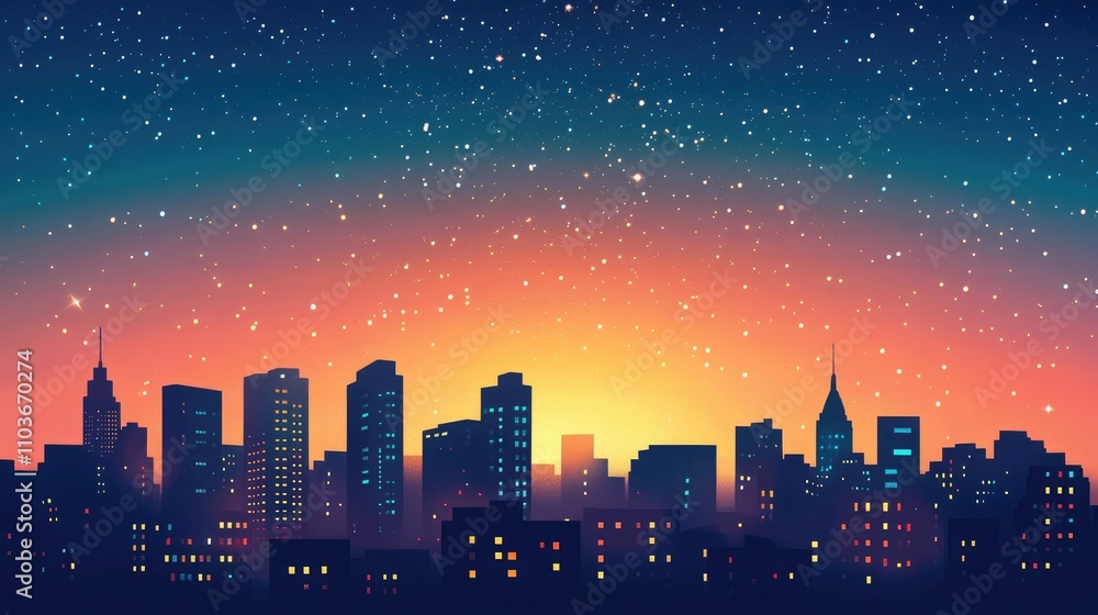 Vibrant Urban Skyline Against a Starry Twilight Sky Highlighting Silhouetted Buildings and a Colorful Dawn Background Vibrant Urban Skyline Against a Starry Twilight Sky Highlighting Silhouetted Buildings and a Colorful Dawn Background