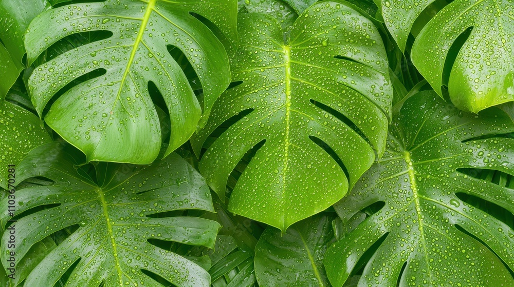 Fototapeta premium Lush Green Monstera Leaves with Water Drops on Vibrant Background