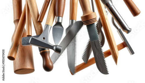 Collection of various wood and metal tools including a hammer, a saw