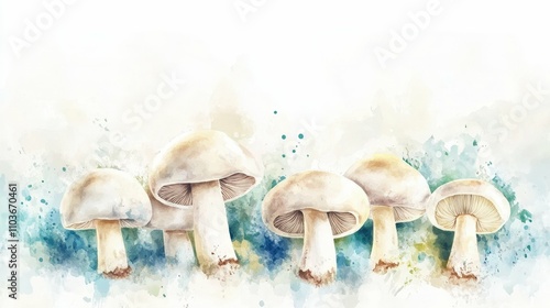 A bright watercolor painting of button mushrooms in simple white and beige tones with cheerful blue and green splashes copy white space in center photo