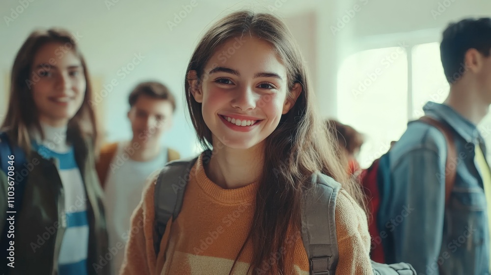 A group of diverse young students in casual attire standing in a bright modern classroom with minimalist decor natural lighting highlighting their smiles A group of diverse young students in casual attire standing in a bright modern classroom with minimalist decor natural lighting highlighting their smiles
