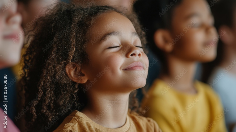 A classroom of children practicing mindfulness sitting quietly with their eyes closed and peaceful expressions A classroom of children practicing mindfulness sitting quietly with their eyes closed and peaceful expressions