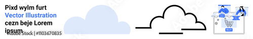 Cloud shapes and two people engaging with online shopping interface, highlighting digital services, e-commerce, cloud storage, and collaborative technology. Ideal for business, marketing, tech