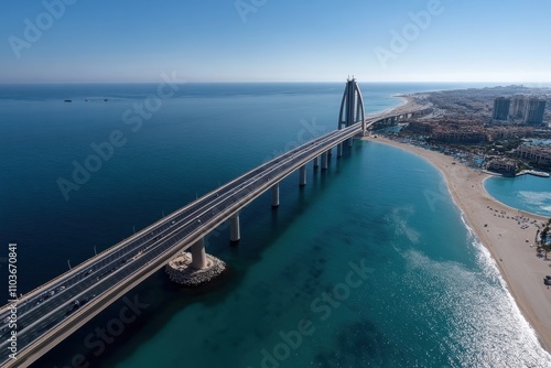 Wallpaper Mural An impressive aerial shot of a modern bridge spanning across Dubai's exquisite coastline, showcasing the harmony of engineering and nature in this vibrant city. Torontodigital.ca