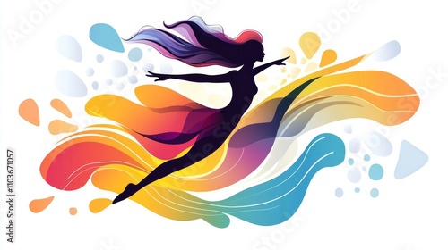 A graceful dancer in mid-pirouette, her silhouette outlined against an abstract background of swirling colors and shapes,Vector illustration with a white background. 