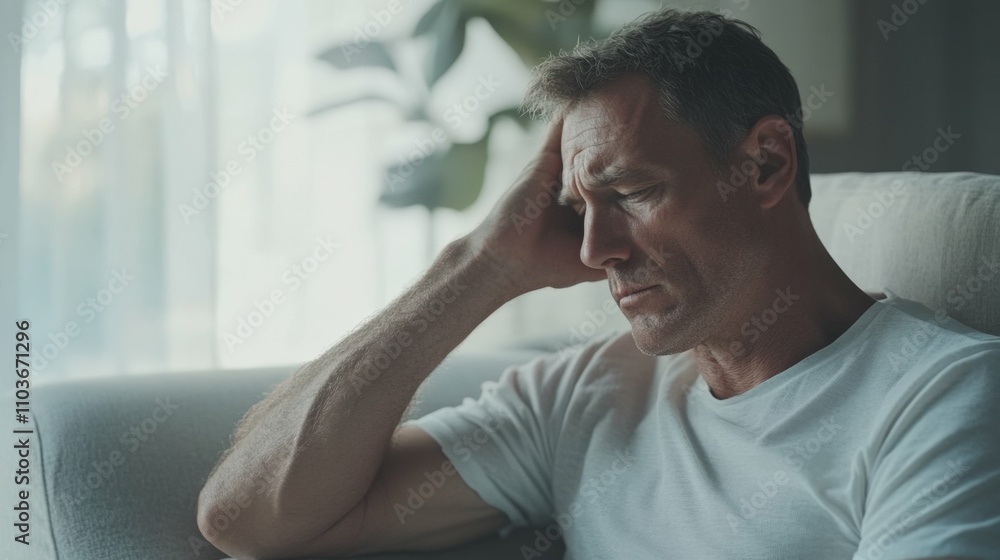 Middle-aged man with a sad expression sitting on a sofa and holding his head in a light minimalist living room soft natural lighting Middle-aged man with a sad expression sitting on a sofa and holding his head in a light minimalist living room soft natural lighting