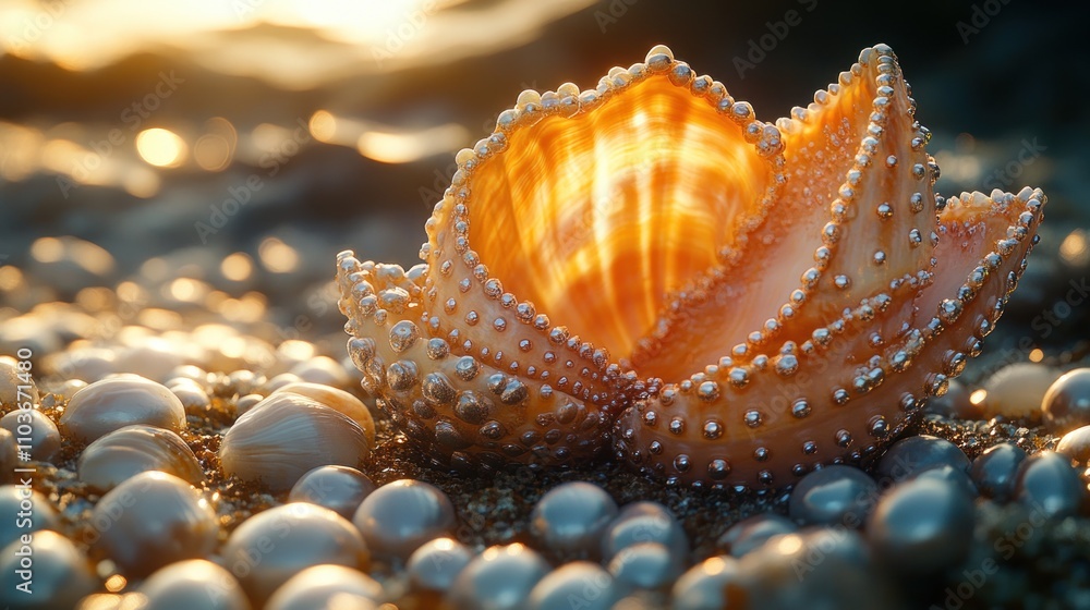 Here's a description and keywords for your stock photo.. Glowing seashell nestled amongst pearls at sunset.
