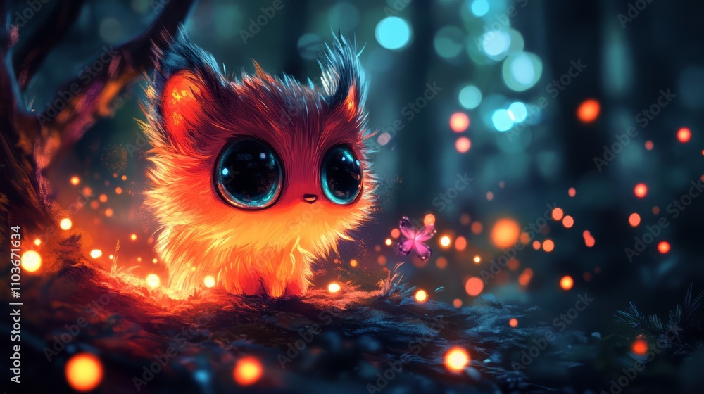 Cute glowing fantasy creature in dark forest. Cute glowing fantasy creature in dark forest.