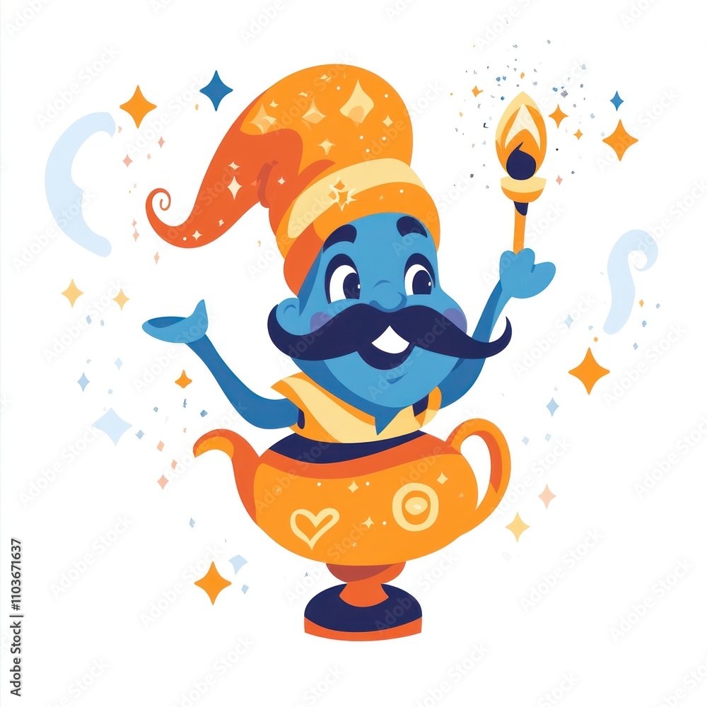 Naklejka premium Here's a and keyword list for your image.. Cheerful genie emerging from an ornate lamp, holding a lit torch.