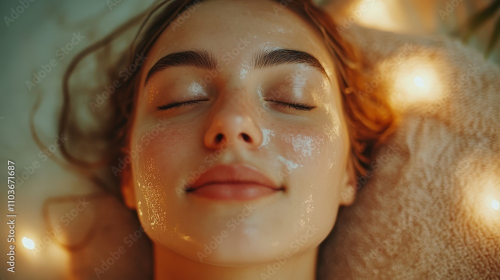 Close-up of a woman’s face during a spa session relaxing atmosphere with bright lighting and skincare products in use Close-up of a woman’s face during a spa session relaxing atmosphere with bright lighting and skincare products in use
