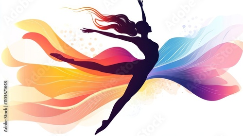A graceful dancer in mid-pirouette, her silhouette outlined against an abstract background of swirling colors and shapes that give the impression she is flying or floating gracefully through space. 