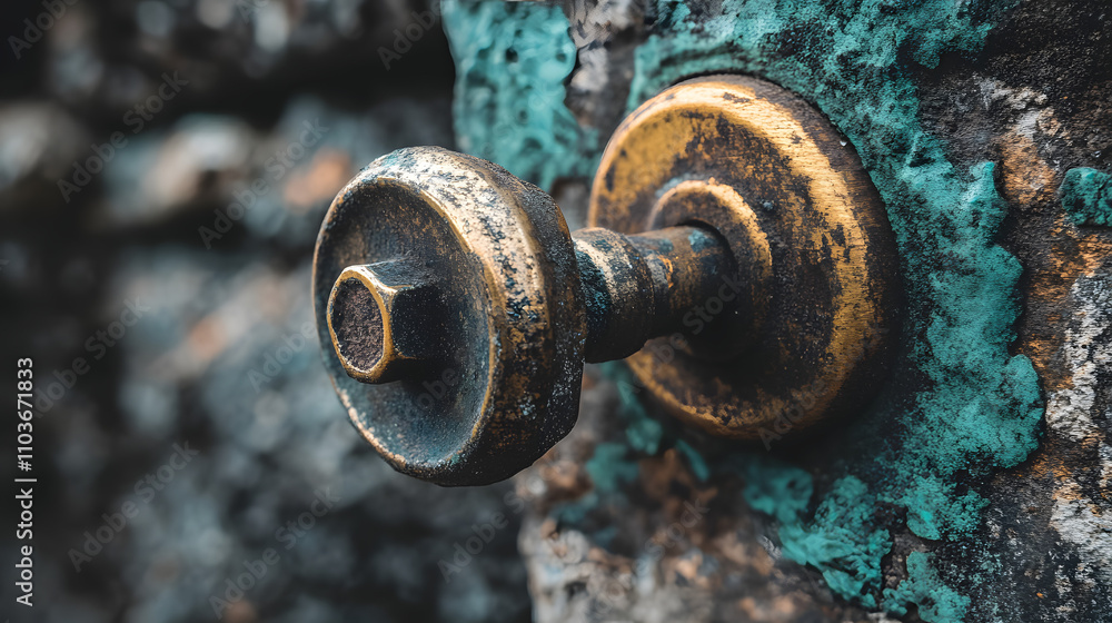 Close-up of an aged, brass bolt affixed to a weathered, teal-painted stone wall. The texture and patina are highly detailed, showcasing the effects of time and exposure. Close-up of an aged, brass bolt affixed to a weathered, teal-painted stone wall. The texture and patina are highly detailed, showcasing the effects of time and exposure.