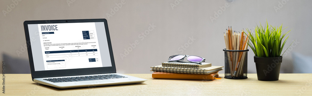 Invoice on computer screen from accounting application. Computer program for financial and budget of corporate business. Snugly. Invoice on computer screen from accounting application. Computer program for financial and budget of corporate business. Snugly.