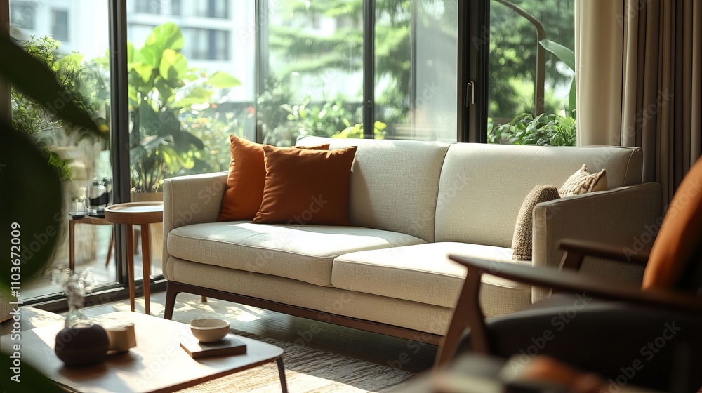 Photograph of the living room, showcasing modern and elegant furniture with large windows offering panoramic views over city skyline. Soft lighting creates a warm ambiance . Photograph of the living room, showcasing modern and elegant furniture with large windows offering panoramic views over city skyline. Soft lighting creates a warm ambiance .