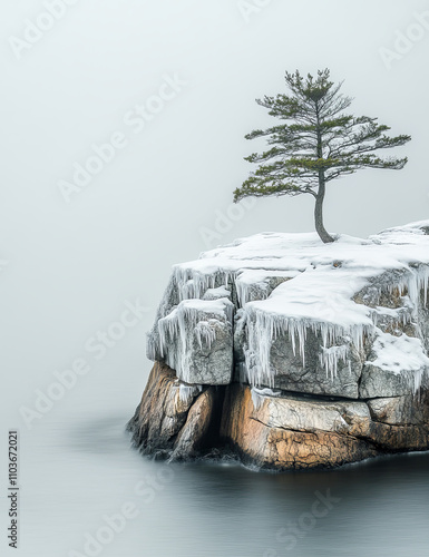 A lone tree stands atop snow-covered rocks against the backdrop of a white, foggy sky. This minimalist photography captures an elegant balance in the cabincore style. photo