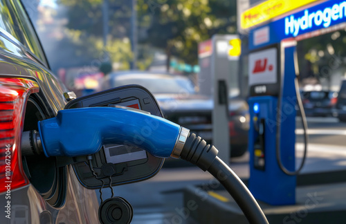 Closeup blue Hydrogen nozzle at Hydrogen gas fuel station