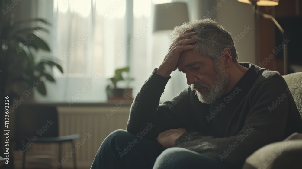 Sad middle-aged man holding his head while sitting on a sofa in a well-lit minimalist living room soft tones and daylight through nearby windows Sad middle-aged man holding his head while sitting on a sofa in a well-lit minimalist living room soft tones and daylight through nearby windows