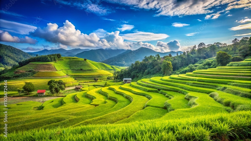 Lush Green Rice Fields: A Serene Landscape of Cultivated Agriculture and Natural Beauty, Perfect for Showcasing the Tranquility of Rural Life and Sustainable Farming Practices Lush Green Rice Fields: A Serene Landscape of Cultivated Agriculture and Natural Beauty, Perfect for Showcasing the Tranquility of Rural Life and Sustainable Farming Practices