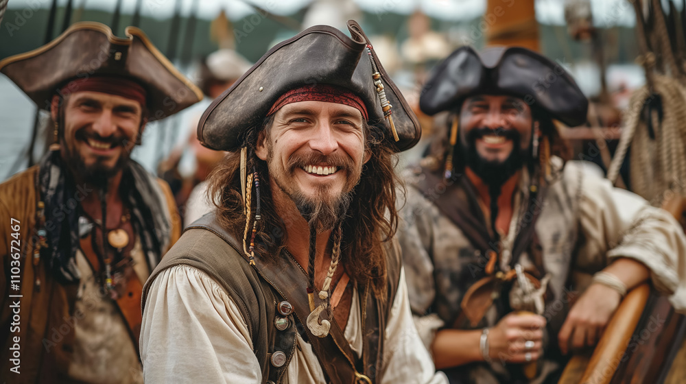 Fototapeta premium Three smiling male pirates on ship deck wearing tricorn hats