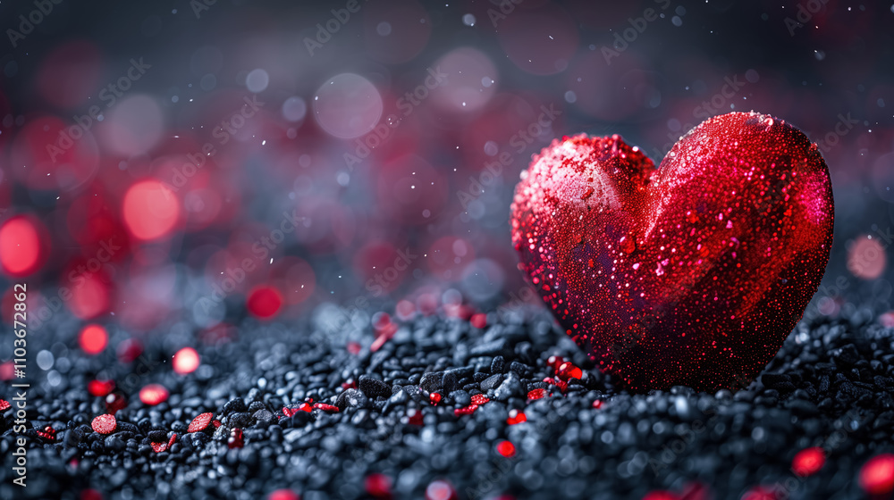 Sparkling red heart on pebbled surface with glittering bokeh background Sparkling red heart on pebbled surface with glittering bokeh background